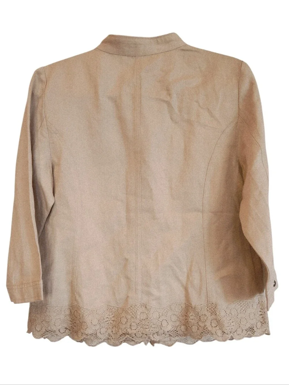 Chico's Tan Linen Blend Lace Accent Utility Jacket Size M (1) Mandarin Collar